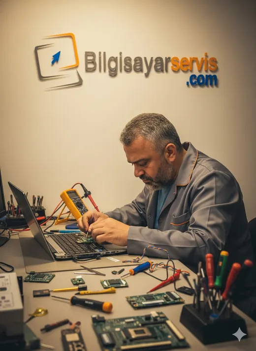 Dizüstü bilgisayarda elektronik ölçüm yapan teknik servis personeli